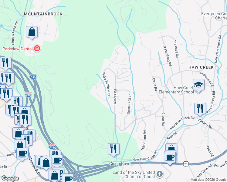 map of restaurants, bars, coffee shops, grocery stores, and more near 34 Wake Robin Way in Asheville