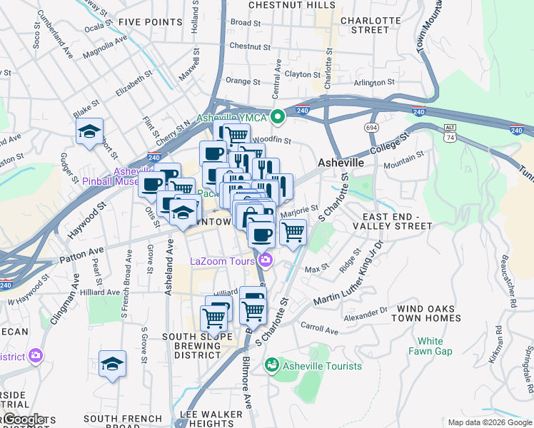 map of restaurants, bars, coffee shops, grocery stores, and more near in Asheville
