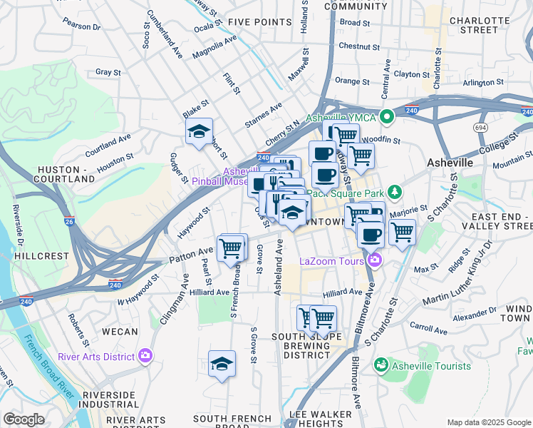 map of restaurants, bars, coffee shops, grocery stores, and more near 1 Page Avenue in Asheville