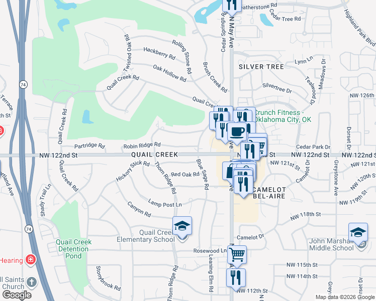 map of restaurants, bars, coffee shops, grocery stores, and more near 3004 Robin Ridge Road in Oklahoma City