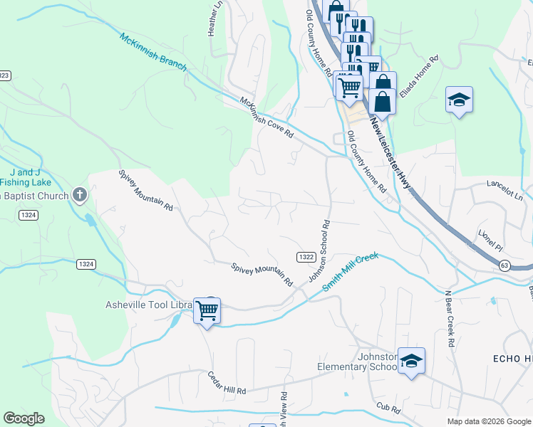 map of restaurants, bars, coffee shops, grocery stores, and more near 7 Tre Lane in Asheville