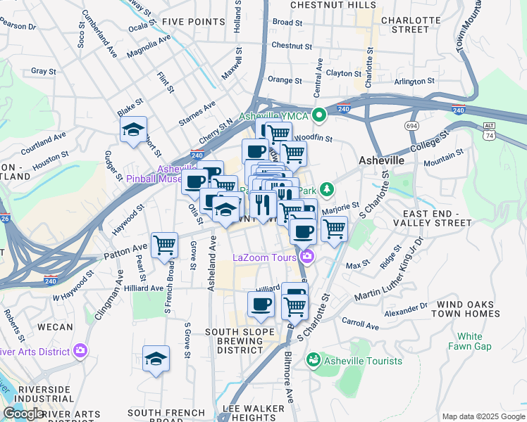 map of restaurants, bars, coffee shops, grocery stores, and more near 11 Patton Avenue in Asheville