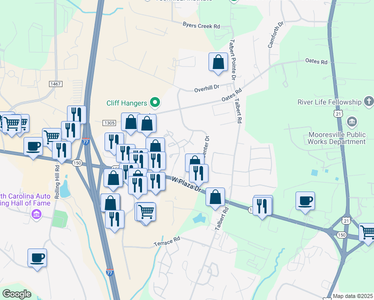 map of restaurants, bars, coffee shops, grocery stores, and more near 109 Fredericks Court in Mooresville