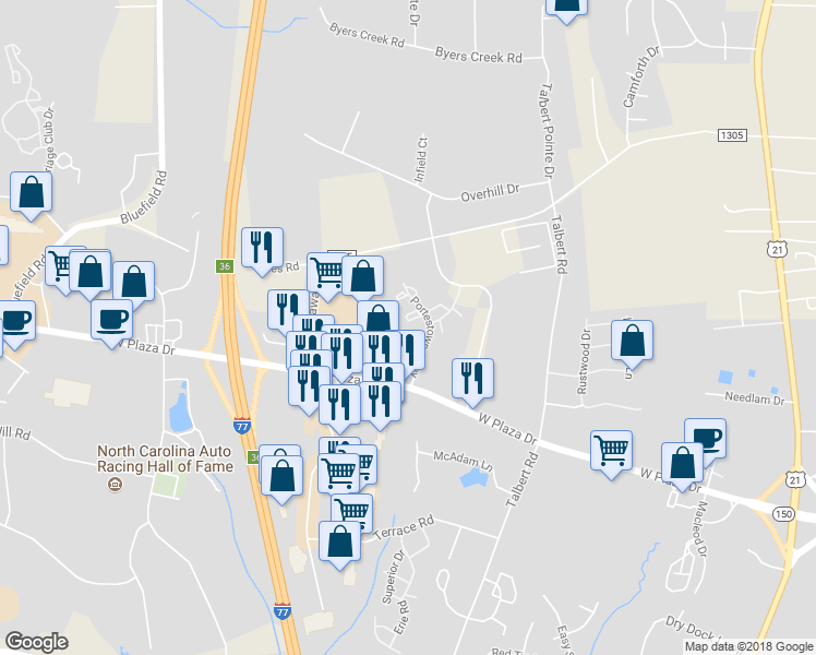map of restaurants, bars, coffee shops, grocery stores, and more near 123 Delargy Creek in Mooresville