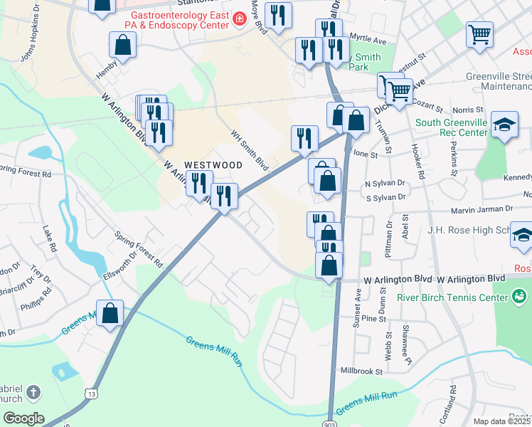 map of restaurants, bars, coffee shops, grocery stores, and more near 209A Lindbeth Drive in Greenville