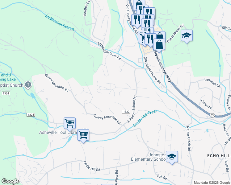 map of restaurants, bars, coffee shops, grocery stores, and more near 6 Twin Oaks Drive in Asheville