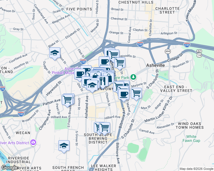 map of restaurants, bars, coffee shops, grocery stores, and more near in Asheville