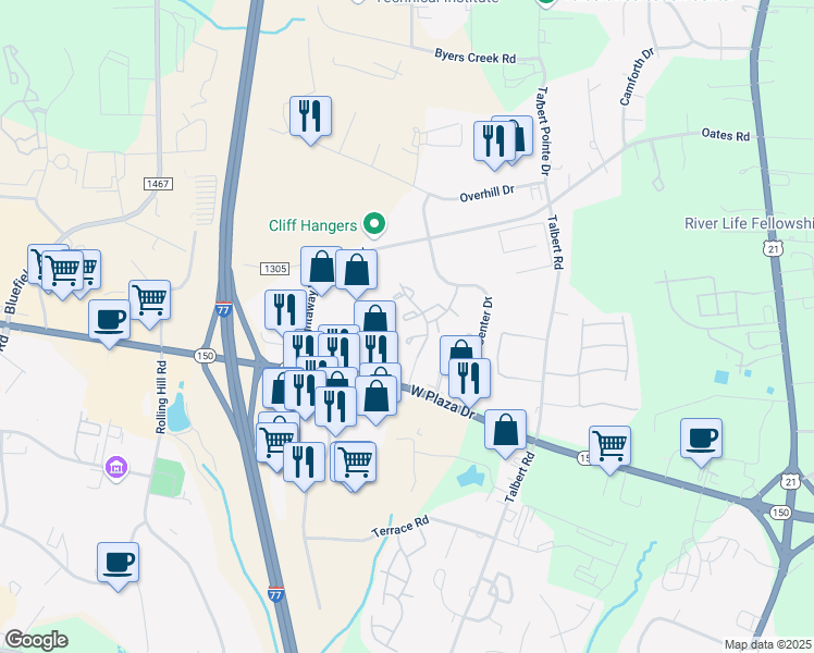 map of restaurants, bars, coffee shops, grocery stores, and more near 121 Delargy Cir in Mooresville