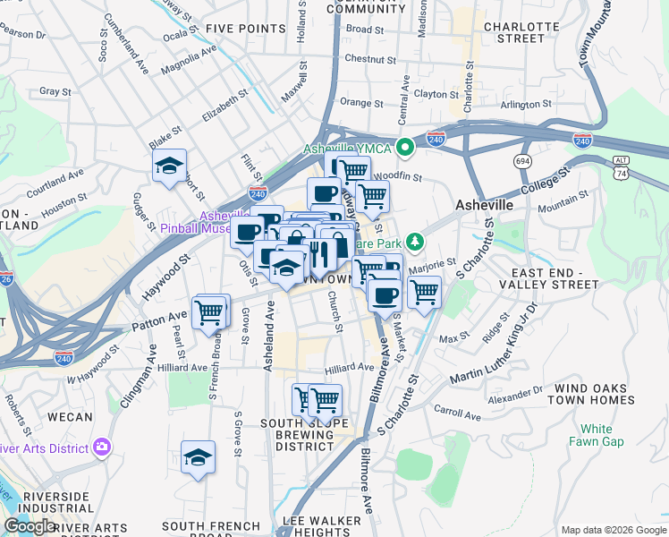 map of restaurants, bars, coffee shops, grocery stores, and more near in Asheville