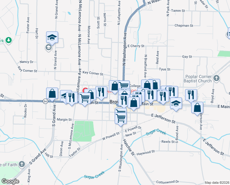 map of restaurants, bars, coffee shops, grocery stores, and more near 107 North Lafayette Avenue in Brownsville