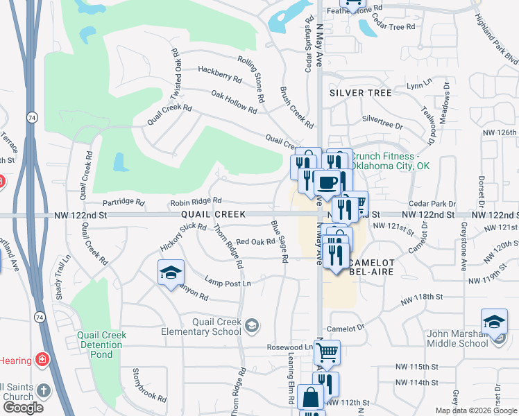 map of restaurants, bars, coffee shops, grocery stores, and more near 3004 Robin Ridge Road in Oklahoma City