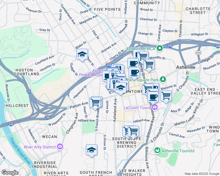 map of restaurants, bars, coffee shops, grocery stores, and more near 8 O'Henry Avenue in Asheville