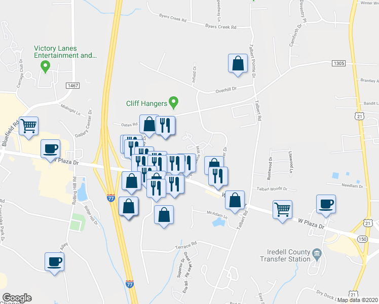 map of restaurants, bars, coffee shops, grocery stores, and more near 119 Delargy Creek in Mooresville