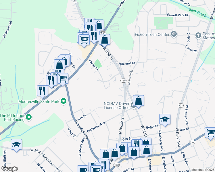 map of restaurants, bars, coffee shops, grocery stores, and more near 165 Piedmont Pointe Drive in Mooresville