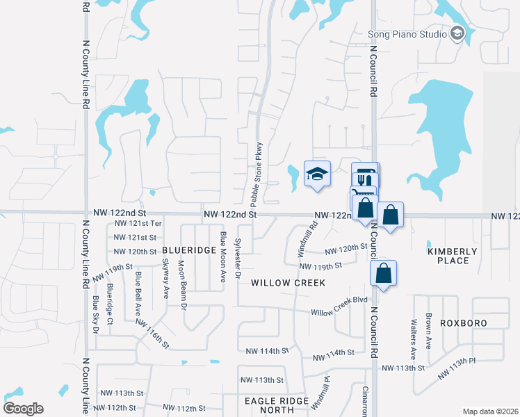 map of restaurants, bars, coffee shops, grocery stores, and more near 12333 Carriage Way in Oklahoma City