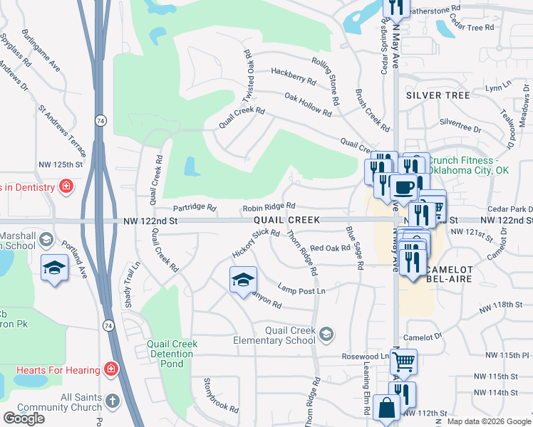 map of restaurants, bars, coffee shops, grocery stores, and more near 3212 Robin Ridge Road in Oklahoma City