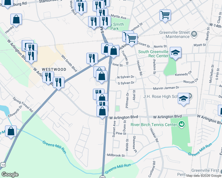 map of restaurants, bars, coffee shops, grocery stores, and more near 2424-2498 S Memorial Dr in Greenville