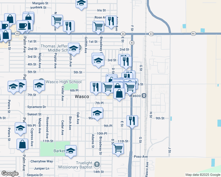 map of restaurants, bars, coffee shops, grocery stores, and more near 637 D Street in Wasco