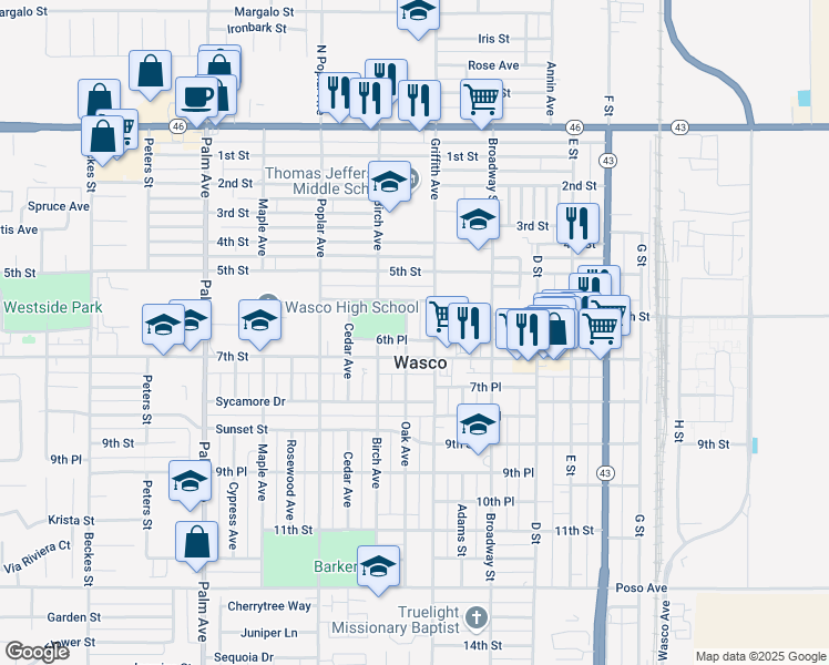 map of restaurants, bars, coffee shops, grocery stores, and more near 662 Oak Avenue in Wasco