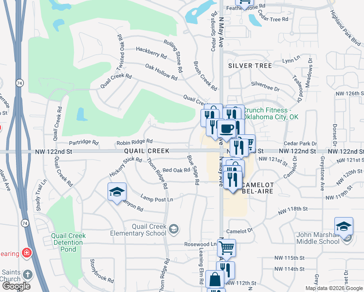 map of restaurants, bars, coffee shops, grocery stores, and more near 3004 Robin Ridge Road in Oklahoma City