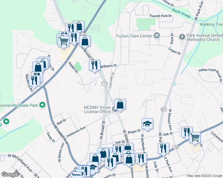 map of restaurants, bars, coffee shops, grocery stores, and more near 517 Cascade Street in Mooresville