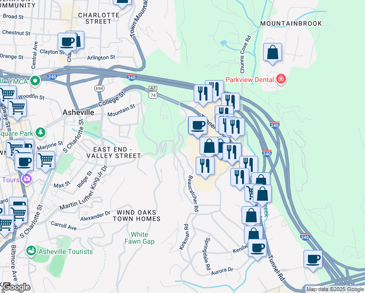 map of restaurants, bars, coffee shops, grocery stores, and more near 292 Beaucatcher Road in Asheville