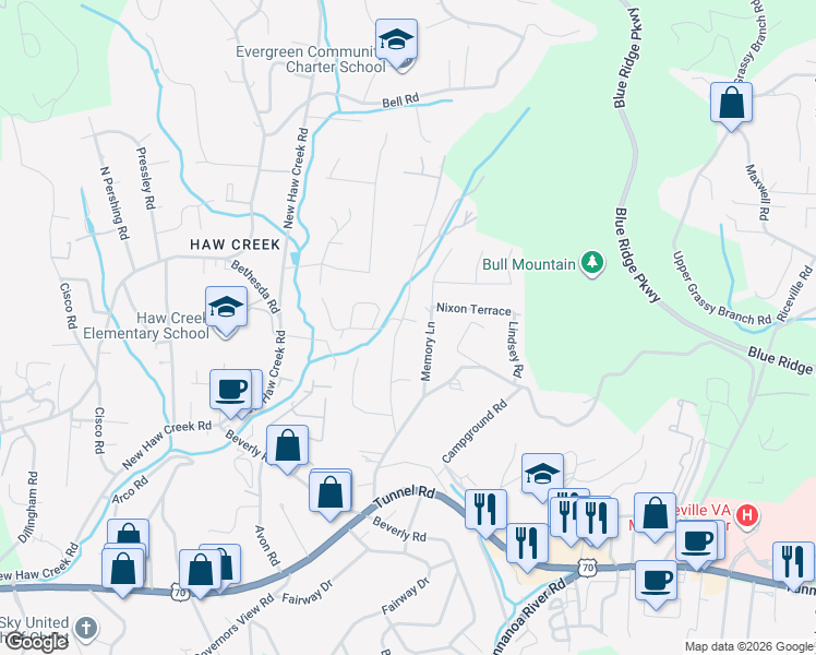 map of restaurants, bars, coffee shops, grocery stores, and more near 52 Pinedale Road in Asheville