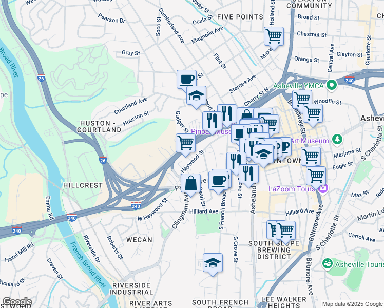 map of restaurants, bars, coffee shops, grocery stores, and more near 231 Haywood Street in Asheville