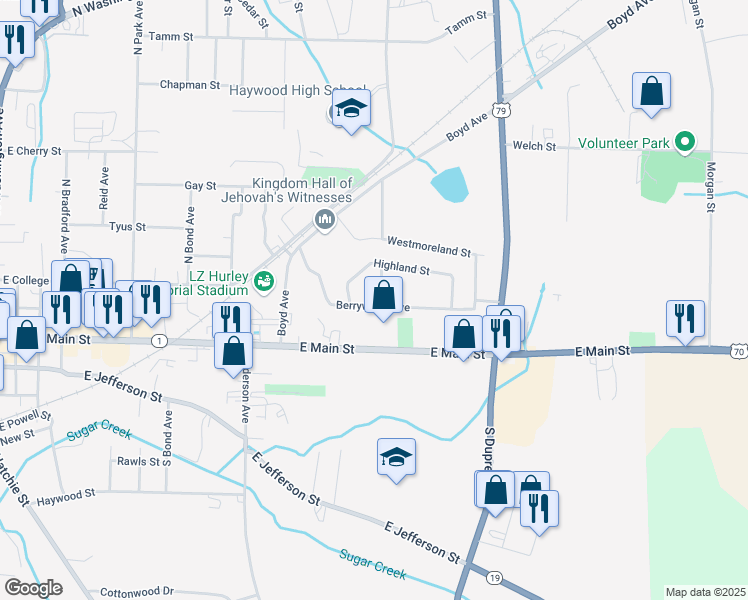 map of restaurants, bars, coffee shops, grocery stores, and more near 1085 Berrywood Avenue in Brownsville