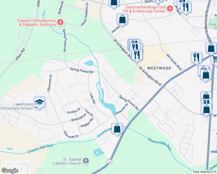 map of restaurants, bars, coffee shops, grocery stores, and more near 900 Spring Forest Road in Greenville