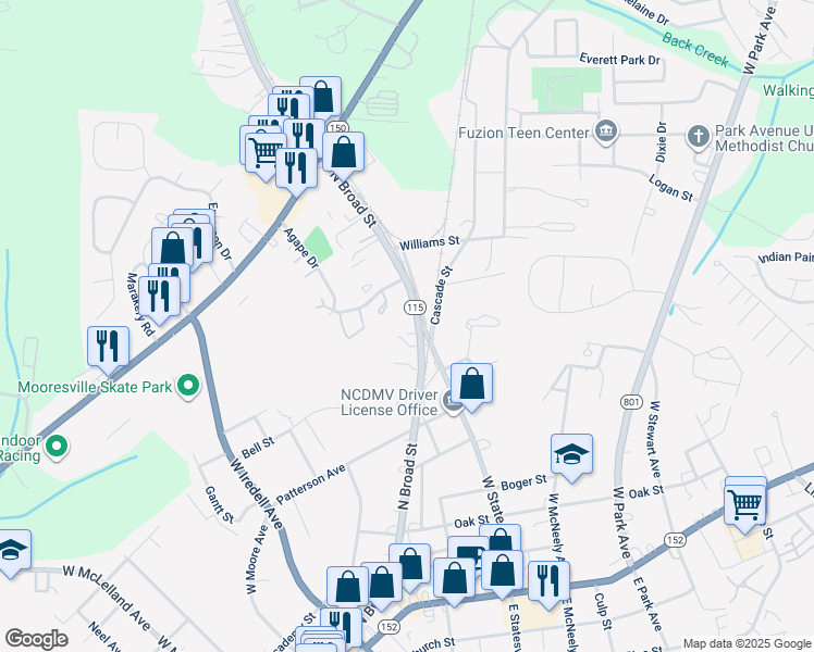 map of restaurants, bars, coffee shops, grocery stores, and more near 594 North Broad Street in Mooresville