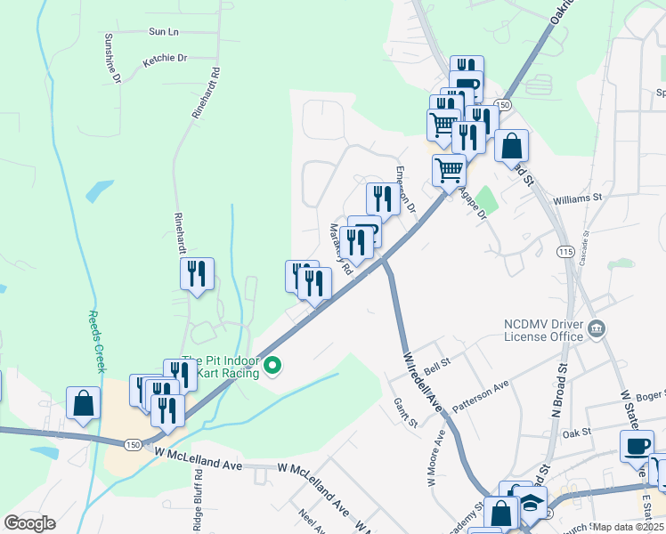 map of restaurants, bars, coffee shops, grocery stores, and more near 117 Marakery Road in Mooresville