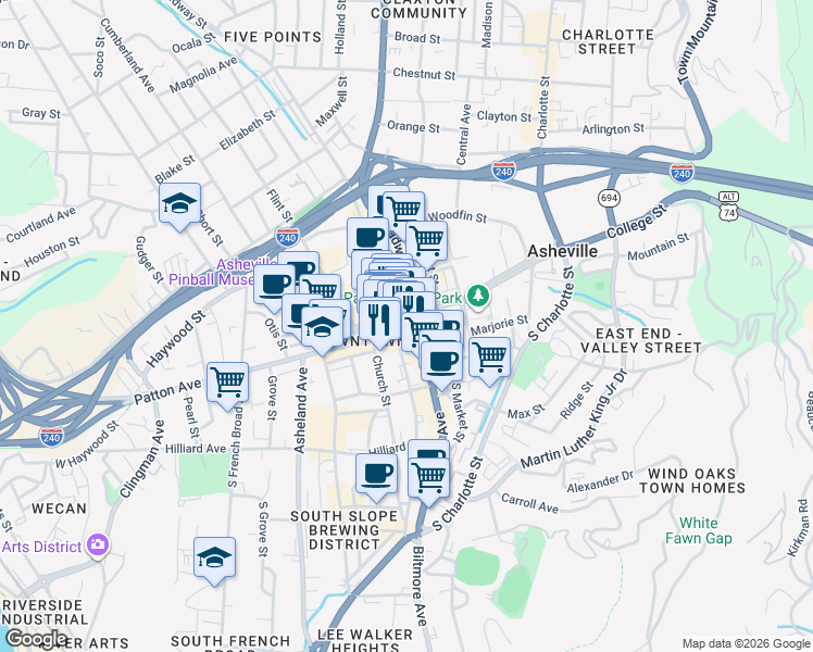map of restaurants, bars, coffee shops, grocery stores, and more near 11 Patton Avenue in Asheville