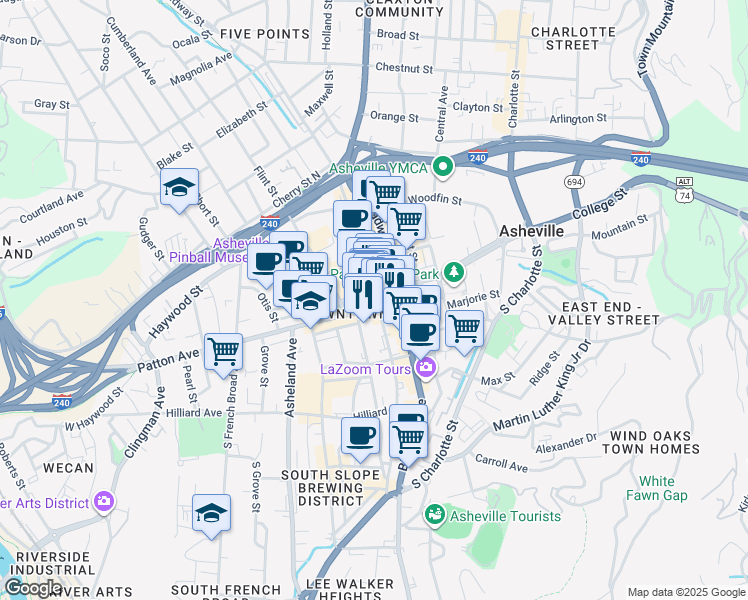 map of restaurants, bars, coffee shops, grocery stores, and more near 11 Patton Avenue in Asheville