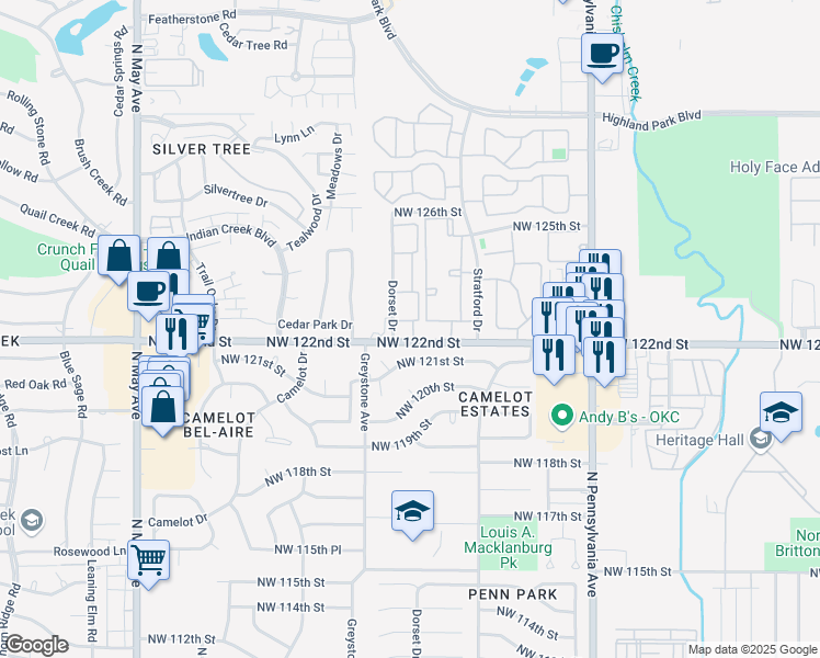 map of restaurants, bars, coffee shops, grocery stores, and more near 2401 Northwest 122nd Street in Oklahoma City