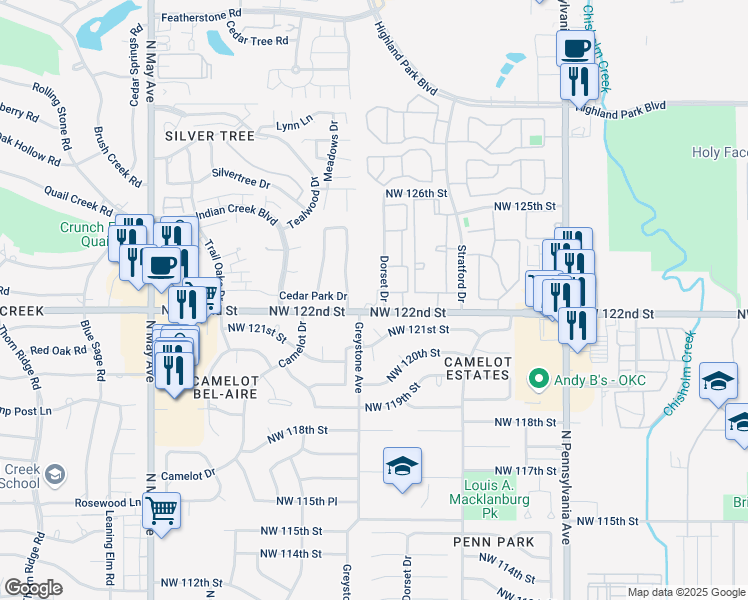 map of restaurants, bars, coffee shops, grocery stores, and more near 2401 Northwest 122nd Street in Oklahoma City