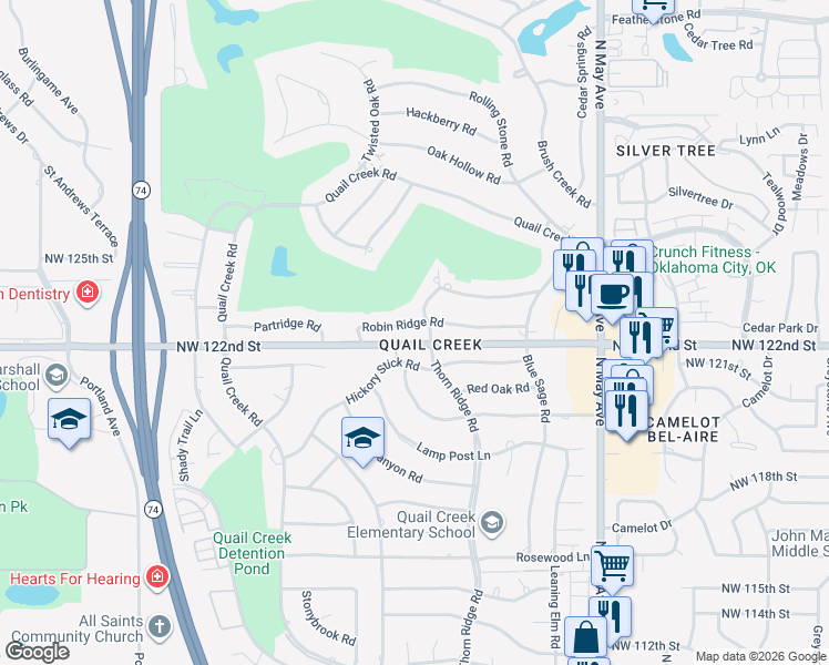 map of restaurants, bars, coffee shops, grocery stores, and more near 3212 Robin Ridge Road in Oklahoma City