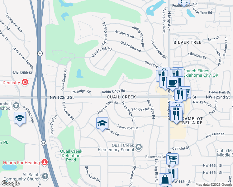 map of restaurants, bars, coffee shops, grocery stores, and more near 3212 Robin Ridge Road in Oklahoma City