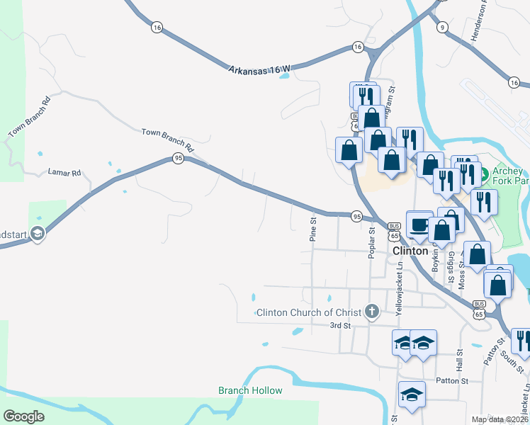 map of restaurants, bars, coffee shops, grocery stores, and more near Ferguson Road in Clinton