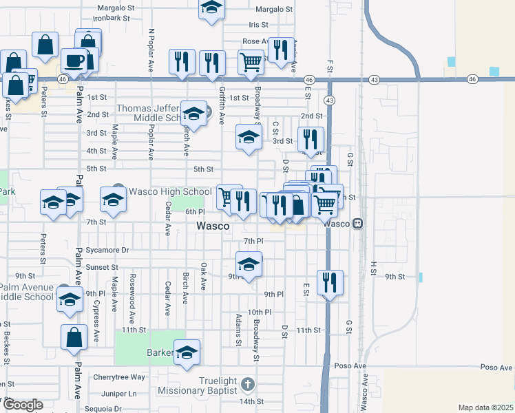 map of restaurants, bars, coffee shops, grocery stores, and more near 639 Broadway Street in Wasco
