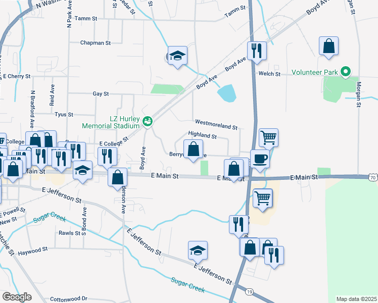 map of restaurants, bars, coffee shops, grocery stores, and more near 1085 Berrywood Avenue in Brownsville