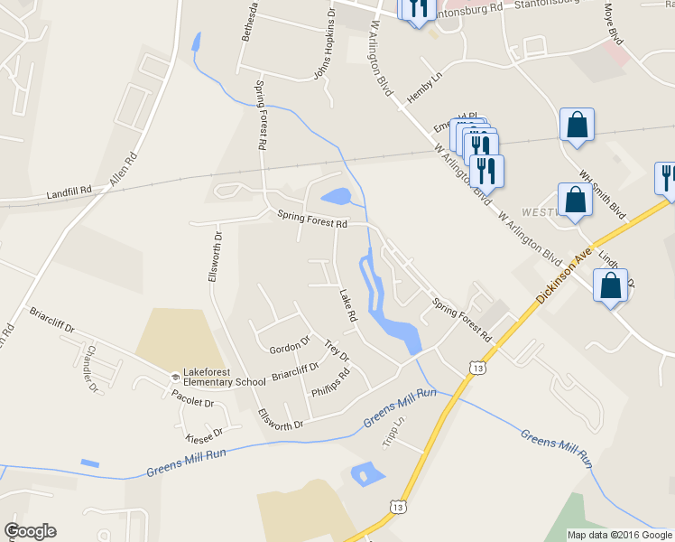 map of restaurants, bars, coffee shops, grocery stores, and more near 516 Lake Road in Greenville