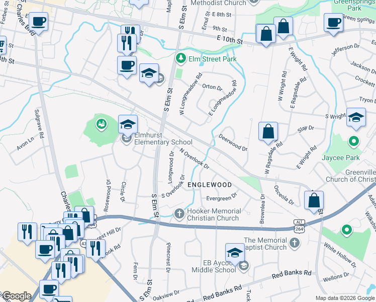 map of restaurants, bars, coffee shops, grocery stores, and more near 1107 North Overlook Drive in Greenville