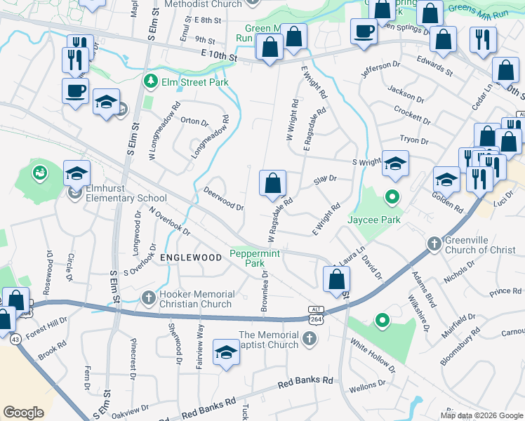 map of restaurants, bars, coffee shops, grocery stores, and more near 102 Tyler Lane in Greenville