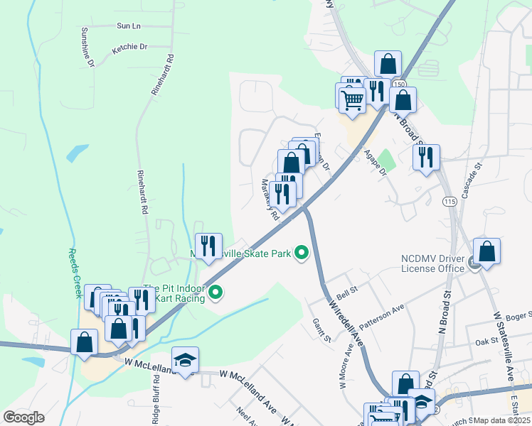 map of restaurants, bars, coffee shops, grocery stores, and more near 117 Marakery Road in Mooresville