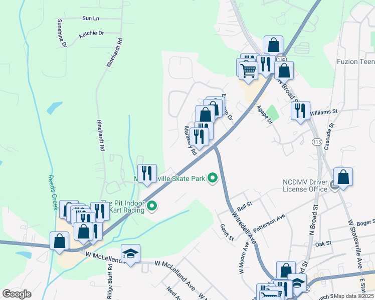 map of restaurants, bars, coffee shops, grocery stores, and more near 117 Marakery Road in Mooresville