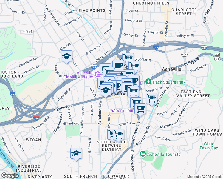 map of restaurants, bars, coffee shops, grocery stores, and more near in Asheville
