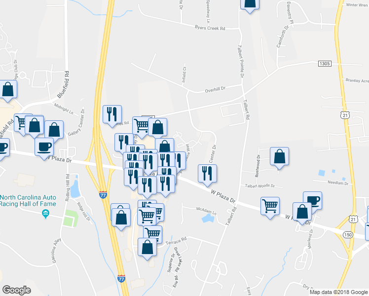 map of restaurants, bars, coffee shops, grocery stores, and more near 107 Delargy Circle in Mooresville