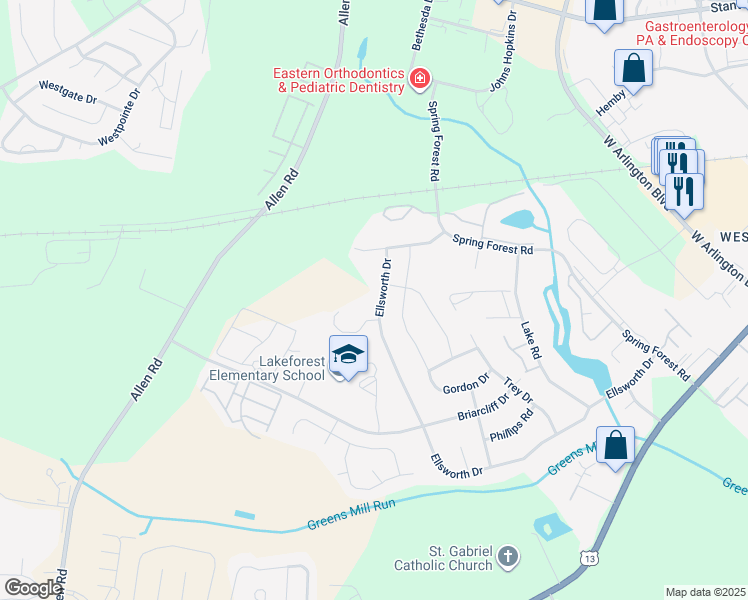 map of restaurants, bars, coffee shops, grocery stores, and more near 3409B Ellsworth Drive in Greenville