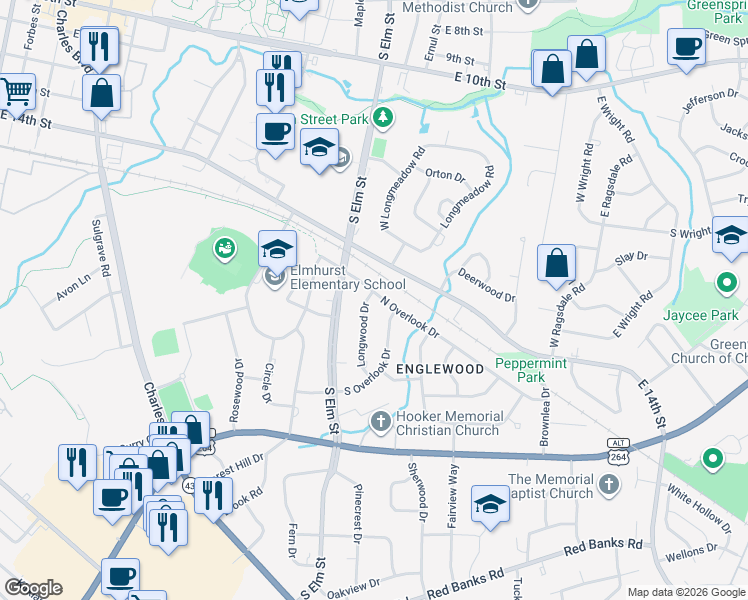 map of restaurants, bars, coffee shops, grocery stores, and more near 1605 Longwood Drive in Greenville